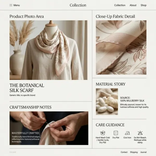 Premium e-commerce product storytelling for a silk scarf with fabric detail and care information Premium e-commerce product storytelling for a silk scarf with fabric detail and care information