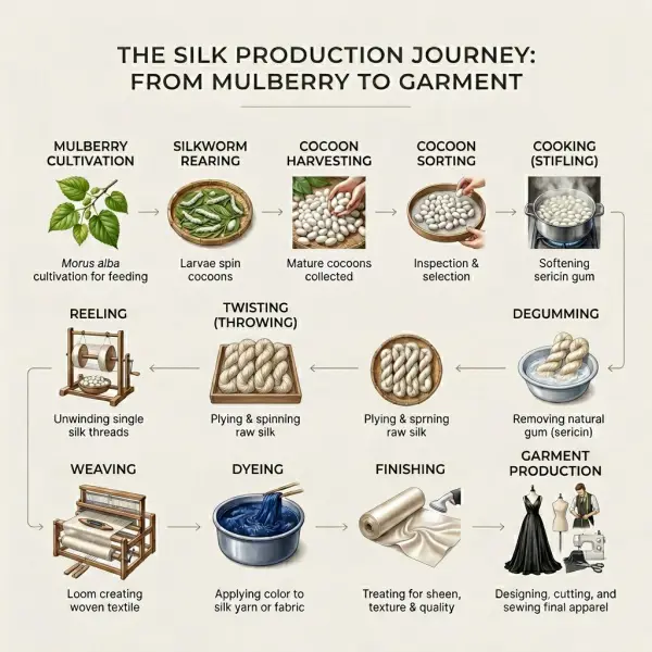 Workflow diagram showing silk production from silkworm cocoon to finished silk fabric