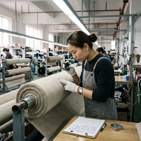 Foto realistis quality control kain fashion dengan pengamatan tekstur, warna, dan konsistensi material