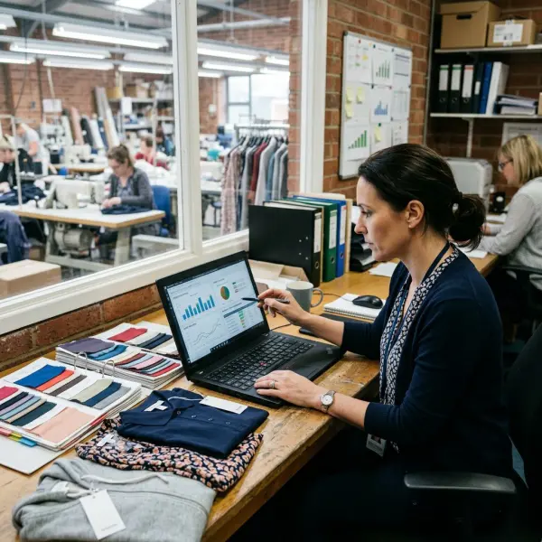 apparel production planner reviewing factory data for order progress and shipment risk