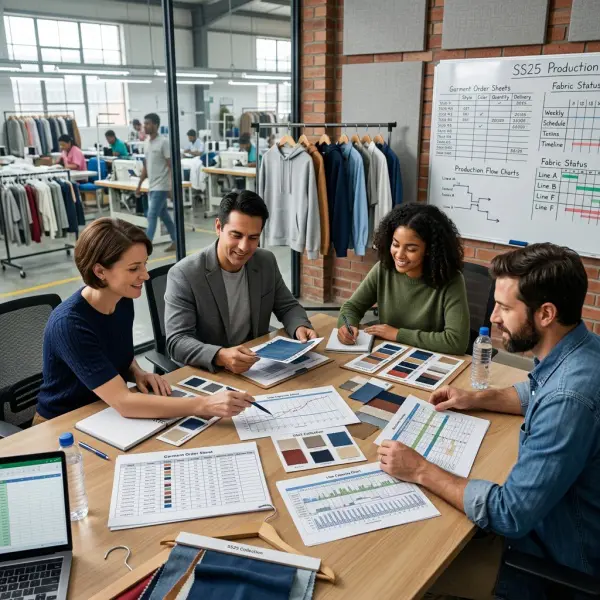 apparel production planning team reviewing garment orders and factory capacity apparel production planning team reviewing garment orders and factory capacity
