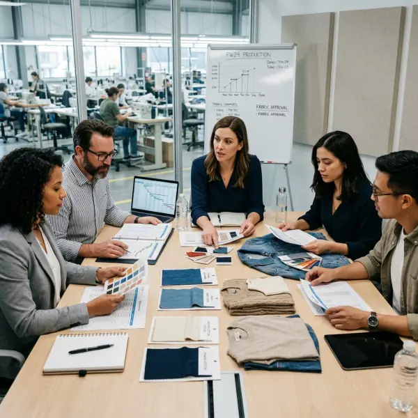 apparel manufacturer planning meeting with merchandising production and quality teams apparel manufacturer planning meeting with merchandising production and quality teams
