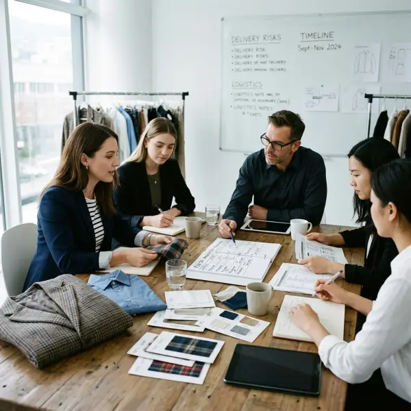 fashion buyer and garment manufacturer discussing production planning risks and lead time
