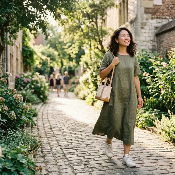 Dress santai dengan sneakers untuk outfit healing saat weekend