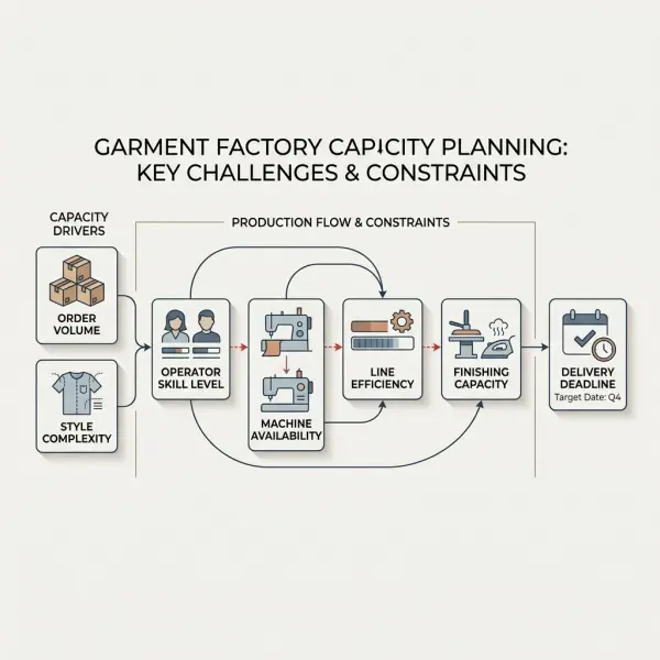 garment factory capacity planning challenge with line loading and production constraints