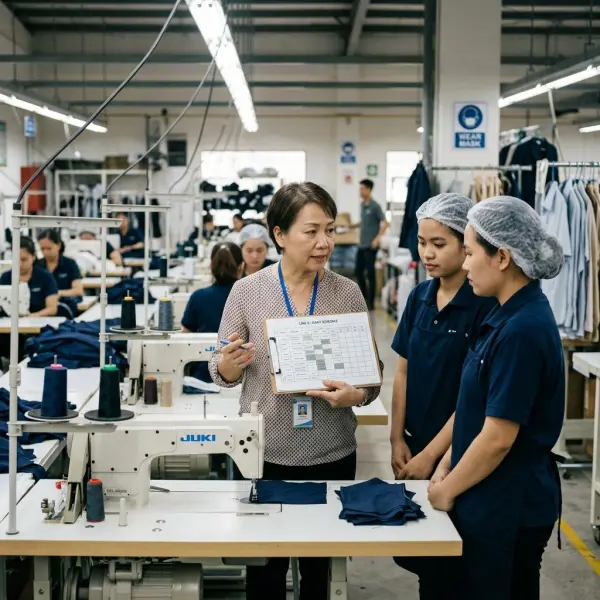 garment factory supervisor reviewing daily production schedule with sewing operators garment factory supervisor reviewing daily production schedule with sewing operators