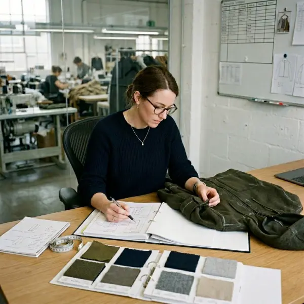 apparel production planner reviewing incomplete tech pack and garment sample