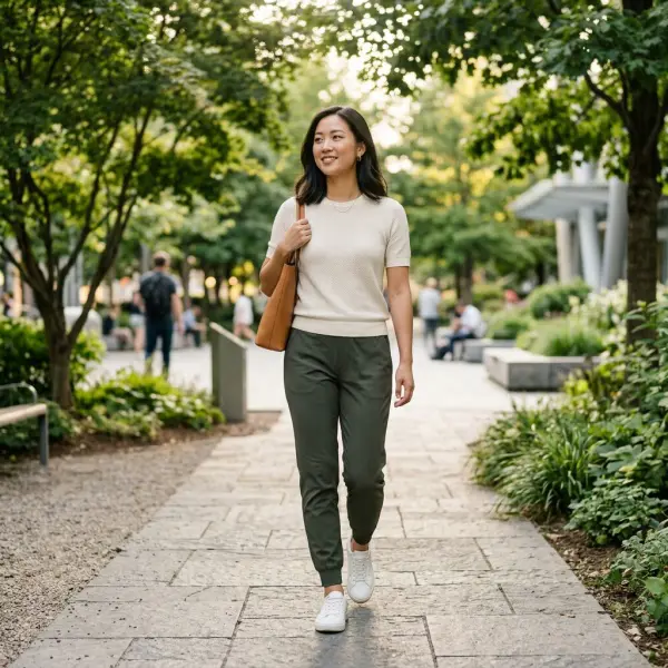 Outfit healing dengan celana jogger dan atasan rapi yang nyaman serta modern