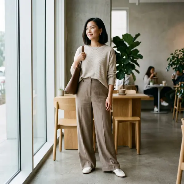 Outfit casual stylish untuk healing weekend dengan knit top dan wide-leg pants