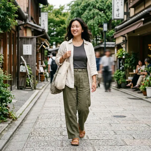 Layering outfit santai untuk weekend healing dengan kemeja ringan dan tank top