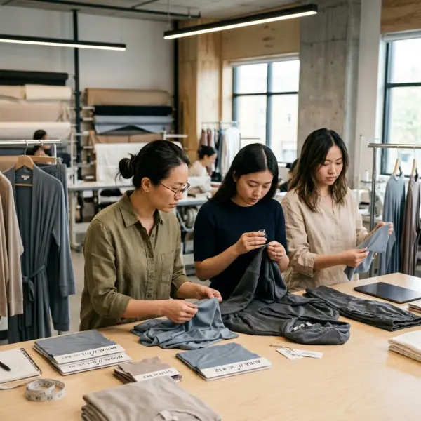 Tim quality control memeriksa kain modal untuk loungewear premium di ruang produksi