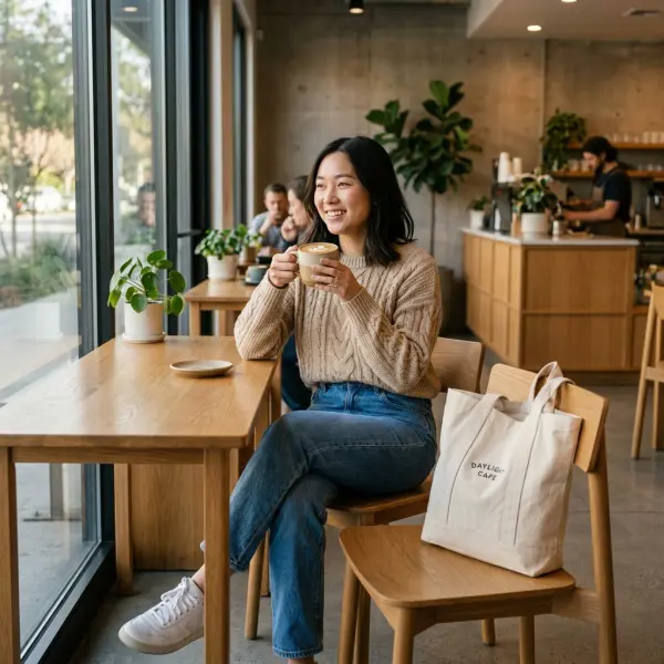 Outfit casual estetik untuk healing di coffee shop minimalis dengan nuansa netral
