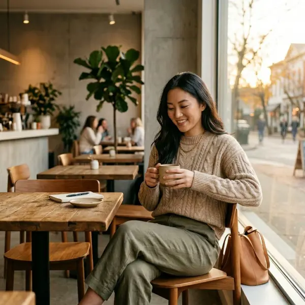 Outfit estetik untuk foto healing di coffee shop dengan warna netral