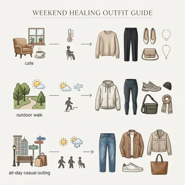Diagram sederhana memilih outfit healing weekend berdasarkan aktivitas, cuaca, dan tingkat mobilitas