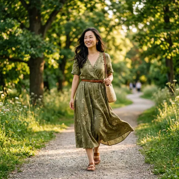 Dress midi dengan siluet mengalir untuk foto healing di taman