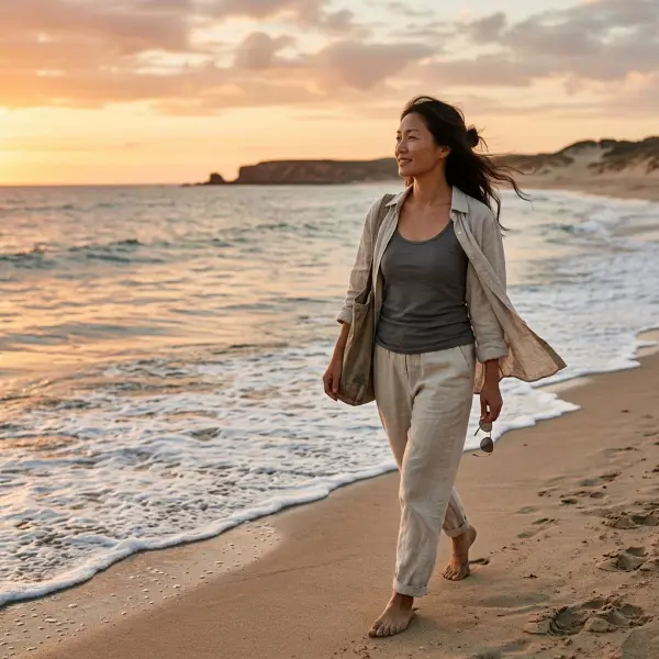 Outfit healing pantai dengan linen shirt dan warna earth tone