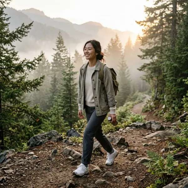 Outfit healing di pegunungan dengan layering ringan yang nyaman dan fotogenik