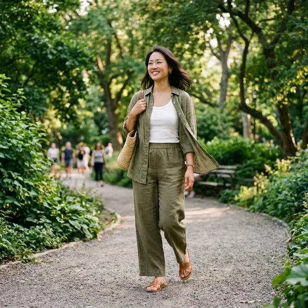 Outfit santai bernuansa earth tone untuk healing di taman kota
