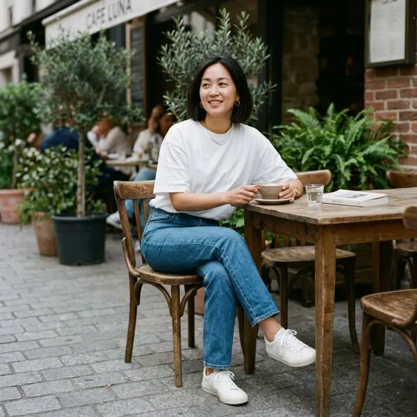 Editorial foto outfit weekend healing dengan oversized tee, straight jeans, dan sneakers dalam suasana santai