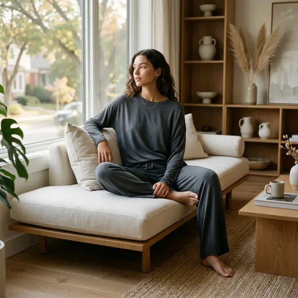 Editorial foto loungewear premium berbahan modal dengan siluet sederhana dan tampilan rapi