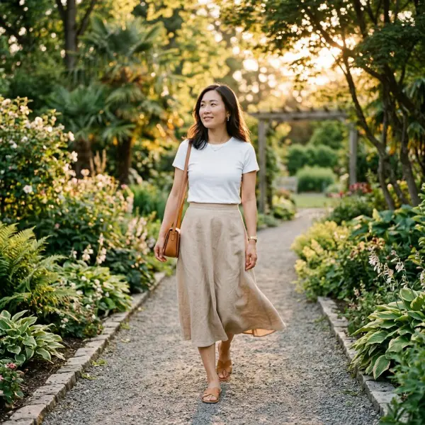 Outfit healing dengan rok midi dan atasan sederhana bergaya minimalis