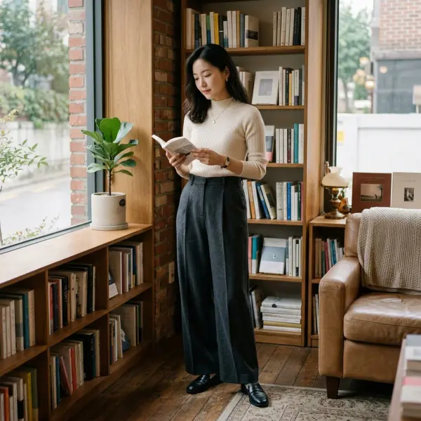 Outfit casual modern untuk healing sendirian dengan wide-leg pants dan atasan fitted Outfit casual modern untuk healing sendirian dengan wide-leg pants dan atasan fitted