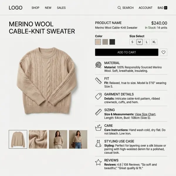 answer-ready fashion product page with fabric, fit, sizing, care, and availability details