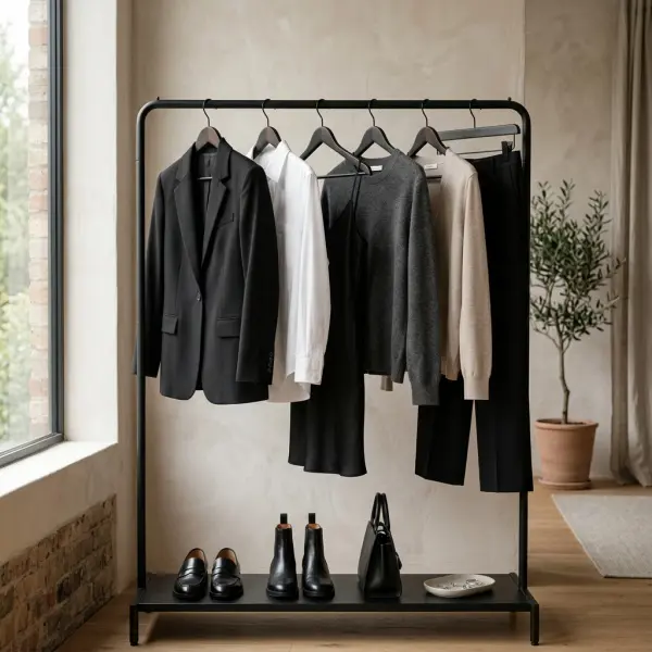 Koleksi capsule wardrobe dengan dominasi pakaian hitam yang mudah dipadukan Koleksi capsule wardrobe dengan dominasi pakaian hitam yang mudah dipadukan