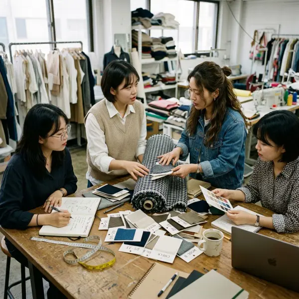 Tim fashion sedang memilih deadstock fabric untuk koleksi capsule di ruang sourcing