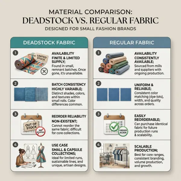 Diagram perbandingan deadstock fabric dan regular fabric untuk keputusan sourcing fashion