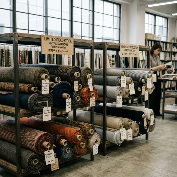 Gulungan deadstock fabric dan regular fabric berdampingan di ruang sourcing tekstil
