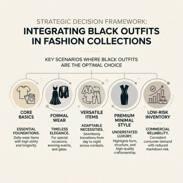 Diagram sederhana membantu brand memilih kapan outfit hitam menjadi pilihan terbaik dalam koleksi