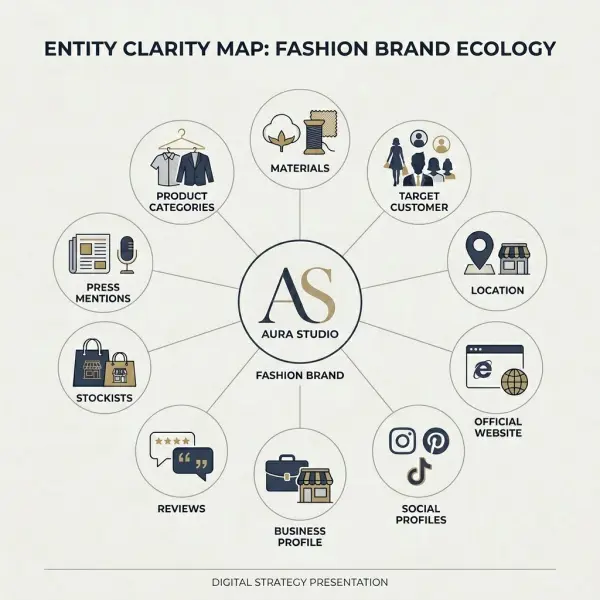 fashion brand entity clarity map for AEO with website, products, profiles, and proof signals