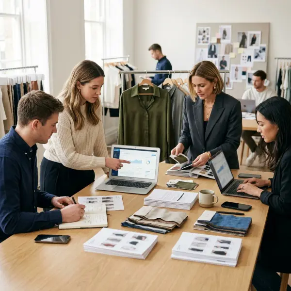 fashion business team reviewing online visibility strategy for AI search and digital marketing
