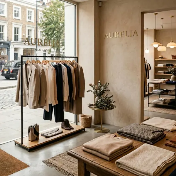 fashion retail profile photos showing storefront, garment racks, fitting area, and product details