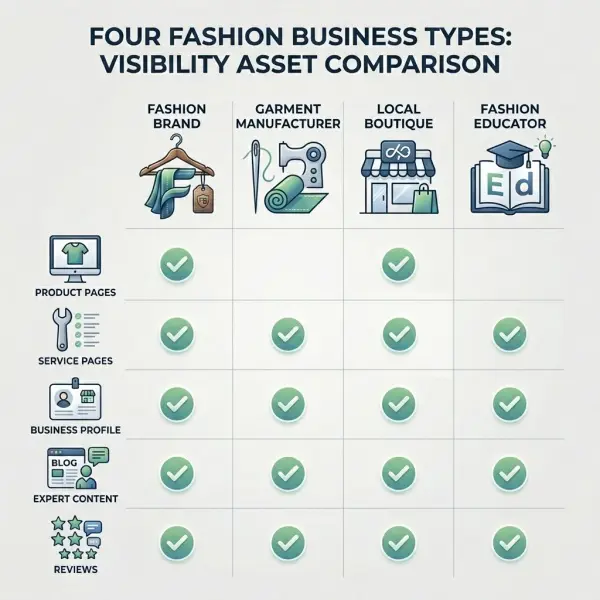 different fashion businesses building digital visibility through product, profile, content, and proof
