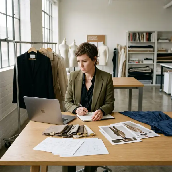fashion business editor preparing expert content with garment samples and product notes