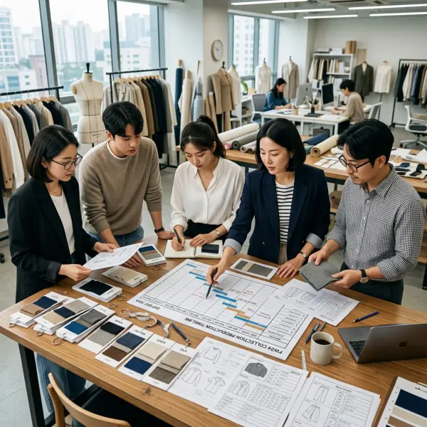 Tim fashion merencanakan produksi menggunakan sampel kain dan dokumen produksi