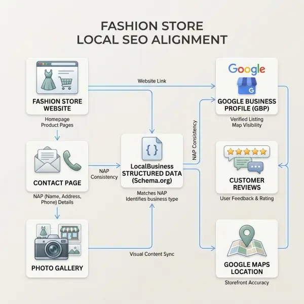 LocalBusiness structured data alignment for fashion store profile and website