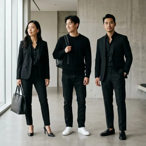 Berbagai outfit hitam digunakan pada situasi kerja kasual dan acara formal Berbagai outfit hitam digunakan pada situasi kerja kasual dan acara formal