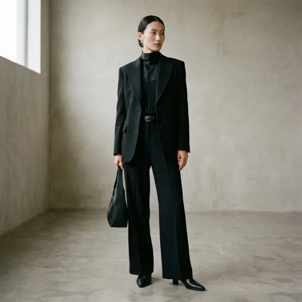 Editorial fashion shoot menampilkan outfit hitam minimalis dengan tampilan bersih dan modern