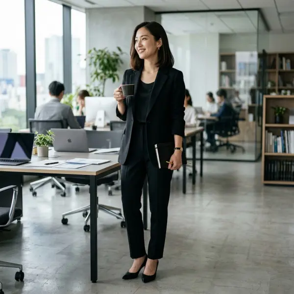 Profesional mengenakan pakaian hitam dalam lingkungan kerja modern