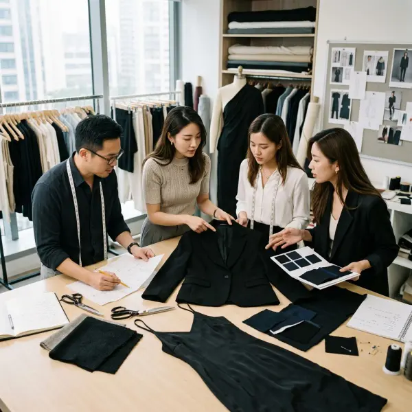Tim fashion memeriksa sampel outfit hitam dalam proses pengembangan produk