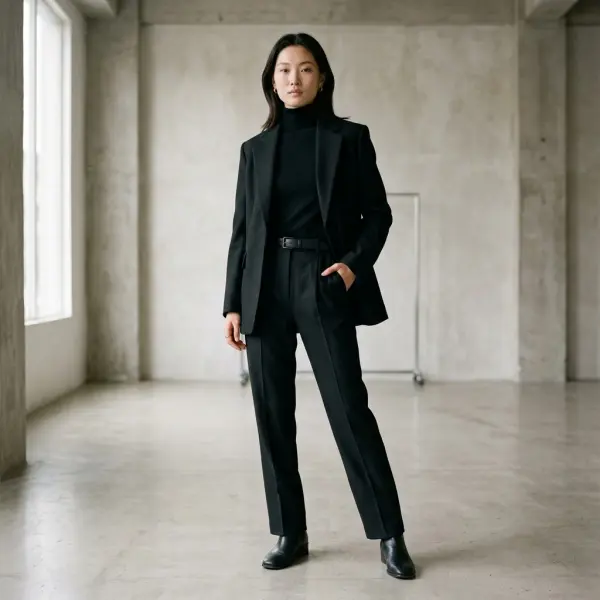 Model mengenakan outfit hitam dengan ekspresi percaya diri di studio editorial