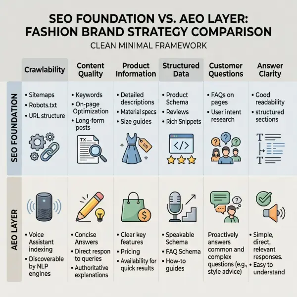 comparison framework showing SEO foundation and AEO layer for fashion brand visibility