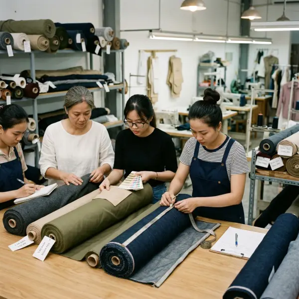 Pemeriksaan kualitas deadstock fabric sebelum diproduksi menjadi pakaian Pemeriksaan kualitas deadstock fabric sebelum diproduksi menjadi pakaian