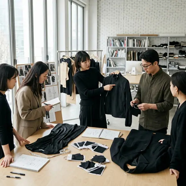Tim fashion sedang mengevaluasi koleksi pakaian hitam di ruang desain