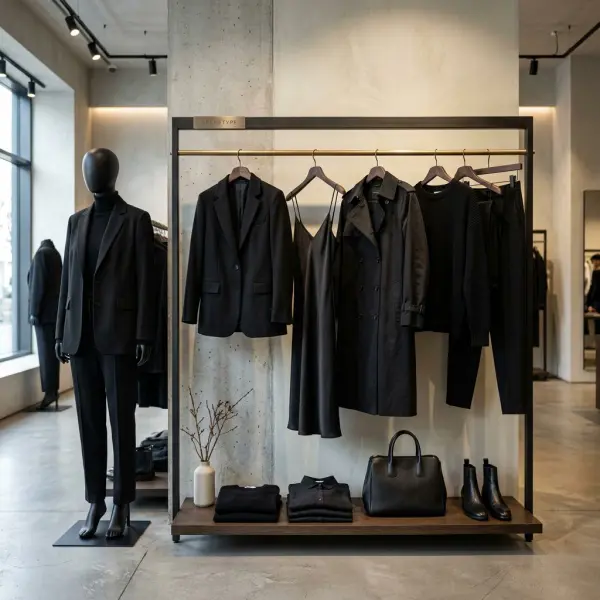 Display koleksi pakaian hitam di toko fashion modern Display koleksi pakaian hitam di toko fashion modern