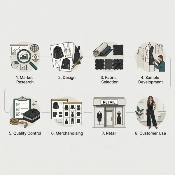 Diagram alur pengembangan produk pakaian hitam dari desain hingga penjualan Diagram alur pengembangan produk pakaian hitam dari desain hingga penjualan