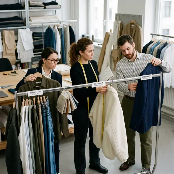Fashion product development scene showing fit-based shopping details for shirts and trousers